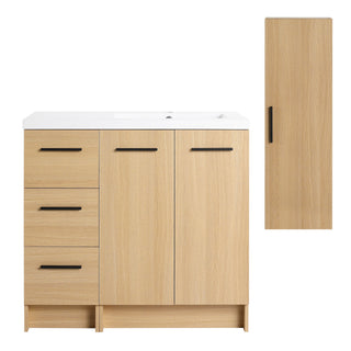 Freestanding Bathroom Vanity Set With Tall Linen Cabinet, 3 Drawers And Large Storage, Single Sink