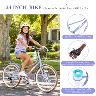 24" Cruiser Bike With 6 Speed Gear System, Rear Rack & Cup Holder