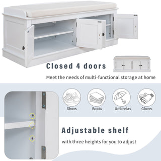 Storage Bench With 4 Doors And Adjustable Shelves, Shoe Bench With Removable Cushion For Living Room, Entryway