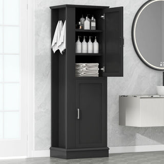 Tall Freestanding Bathroom Storage Cabinet With Adjustable Shelves And Side Hooks
