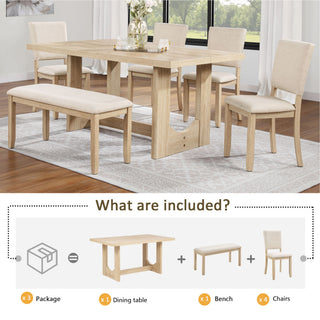 6 Piece Rectangular Kitchen Table Set With Bench And 4 Upholstered Chairs For Kitchen - Light Oak