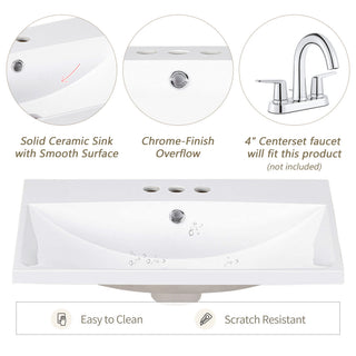 Bathroom Vanity Top, Rectangular Undermount Sink With 3 Faucet Holes, 4" Centerset Compatible - White