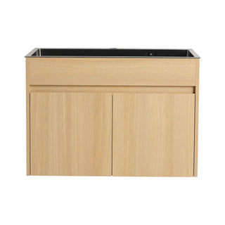 28" Wall Mounted Bathroom Vanity With Stainless Steel Sink, Soft Close Doors - Oak