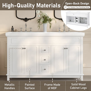 Bathroom Vanity Cabinet Only, 3 Drawers & 4 Doors & Double Layer Shelves - White