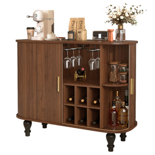 Fluted Liquor & Coffee Bar Cabinet With 6 Wine Racks And 3 Glass Holders