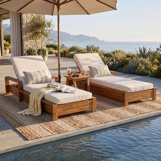 Chaise Lounge Set With 3 Position Adjustable Backrest, 2 Fold Cushion, Outdoor Recliner For Patio - Cream / Teak