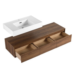 Modern Wall Mounted Bathroom Vanity With Resin Sink And Soft Close Drawer - Brown Ebony