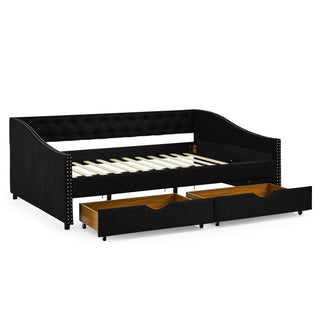 Upholstered Tufted Daybed With 2 Drawers, Waved Arms