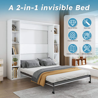 Queen Murphy Bed With Storage Cabinet, Foldable Wall Bed For Bedrooms - White
