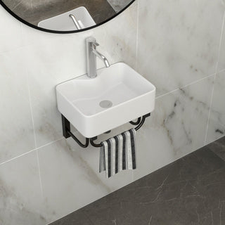 Rectangular Bathroom Sink With Towel Bar & Faucet Hole, Wall Mounted - White
