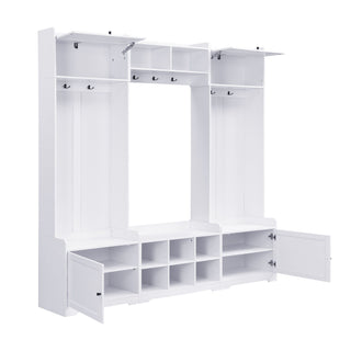 Wide Hall Tree With Shoe Storage, 4 In 1 Entryway Bench With 8 Cubbies, 7 Coat Hooks & Adjustable Shelf For Hallway - White