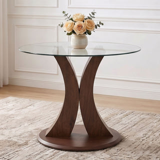 2 In 1 Round Glass Dining Table With Adjustable Curved Base, - Transparent / Walnut