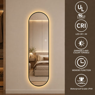 Capsule Shaped Dimmable LED Full Length Wall Mirror With Frame - Silver
