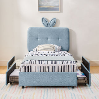 Upholstered Bed With Oversized Rabbit Ear Headboard, LED Lights & 4 Storage Drawers