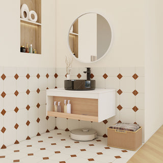 Floating Bathroom Vanity With Vessel Sink With Open Shelf Storage