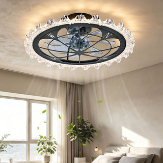 Caged Ceiling Fan With Remote Controlled Dimmable LED Lights, Flush Mount Fan, Low Profile Design - Matte Black