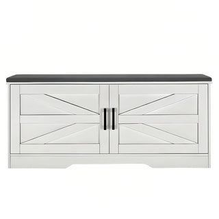 2 Tier Shoe Bench With Padded Seat, 2 Barn Doors And Adjustable Shelves, For Entryway And Living Room - White