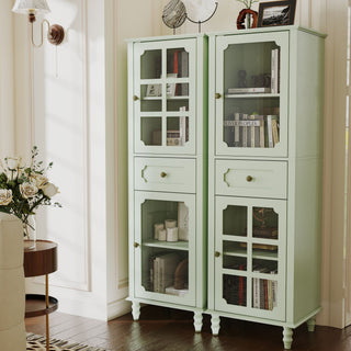 Curio Cabinet, Freestanding Vintage Display Storage Cabinet, Adjustable Shelves - Green