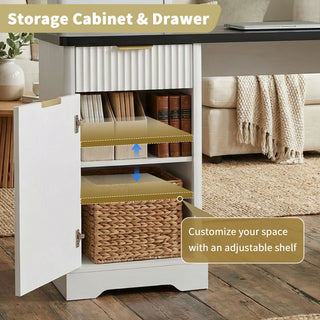 Fluted L-Shaped Desk With Charging Station & Storage Cabinet
