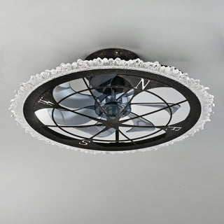 Caged Ceiling Fan & Remote Controlled Dimmable LED Lights, Flush Mount Fan, Low Profile Design - Antique Black