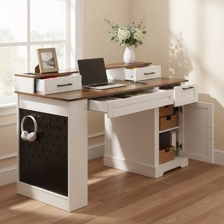 Office Desk With Storage Cabinet, Charging Station, Monitor Stand & Pegboard