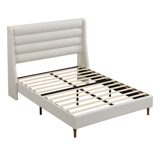 Modern Upholstered Platform Bed With Wave Shaped Headboard