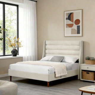 Modern Upholstered Platform Bed With Wave Shaped Headboard