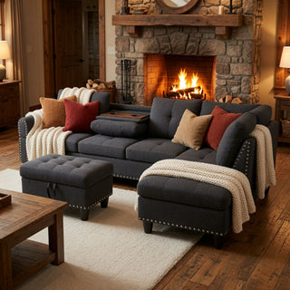 L - Shaped 3 Piece Sectional Sofa With Chaise, Storage Ottoman & Cup Holders