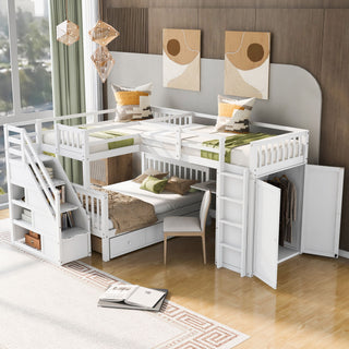 L Shaped Bunk Bed With 3 Drawers, Portable Desk And Wardrobe
