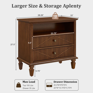 Nightstand With Charging Station, 2 Drawer Bedside Table - Walnut