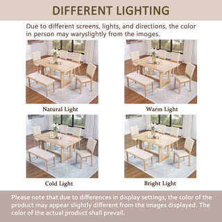 6 Piece Rectangular Kitchen Table Set With Bench And 4 Upholstered Chairs For Kitchen - Light Oak