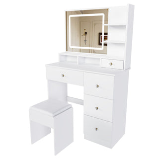 Vanity Desk With Mirror, 3 Color Lighting And Stool