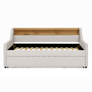 Upholstered Sofa Bed With LED Lights, Storage Headboard, Foldable Trundle & Wireless Charging