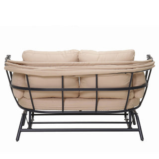 2 Person Egg Shaped Outdoor Swing Chair With Adjustable Canopy - Acacia Wood / Black / Taupe