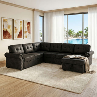 U Shape Sectional Sleeper Sofa With Pull Out Bed And Storage Chaise - Black
