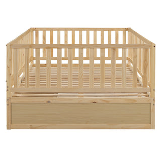 Daybed With Fence Guardrails And 2 Drawers, Split Into Independent Floor Bed & Daybed