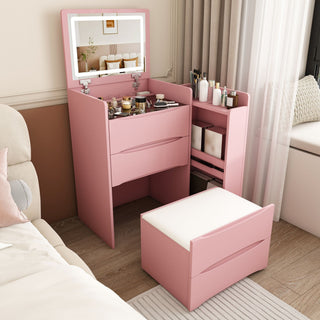 Flip Mirror Vanity Desk With Adjustable LED Lights & Stool For Bedroom