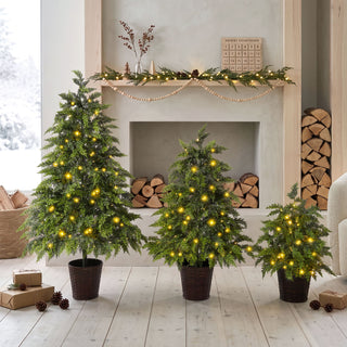 3 Piece Pre Lit Christmas Tree Set With Warm Glowing LED Lights, Sturdy Potted Base, Full Cascading Branches - Green
