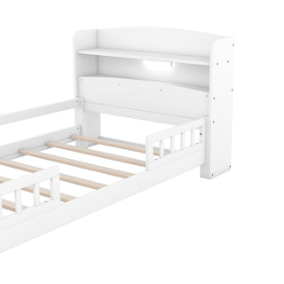Wood Platform Bed With Built In LED Light, Storage Headboard And Guardrail