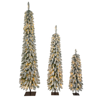 Slim Snow Flocked Pre Lit Pencil Christmas Tree, 3.9Ft / 5.9Ft / 7.9Ft With 750 Branch Tips, 480 LED Lights, Warm Glow, For Indoor Holiday Decor - White