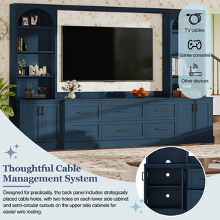 Arched Entertainment Center Wall Unit With 6 Drawers, Large TV Stand With Bookshelves