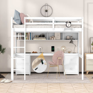 Full Size Loft Bed With Desk, Cabinets, Drawers, Charging Station And Bedside Tray, Sturdy Frame, No Box Spring Required - White