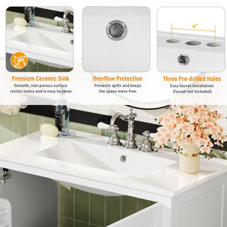 Bathroom Vanity With Sink, Soft Close Doors, Double Storage Shelves & Divided Drawer Ample Storage - White