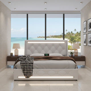 Wingback Upholstered Bed Frame With LED Lights, Charging Station