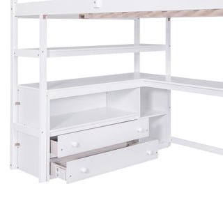 Loft Bed With Desk, Shelves, 2 Drawers, Storage Staircase