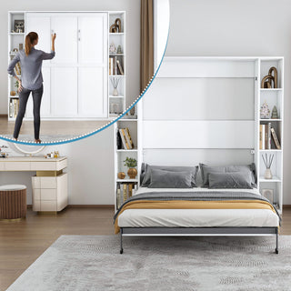 Queen Murphy Bed With Storage Cabinet, Foldable Wall Bed For Bedrooms - White