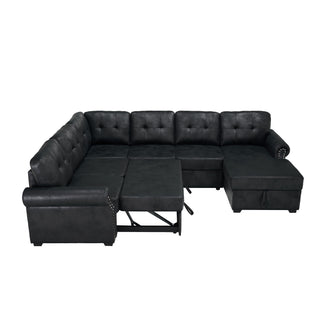 U Shape Sectional Sleeper Sofa With Pull Out Bed And Storage Chaise - Black