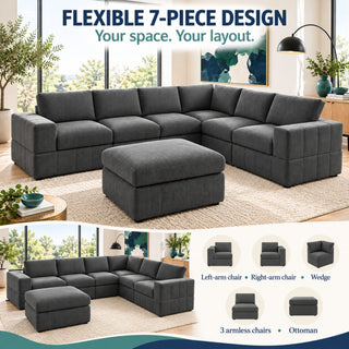Oversized Modular Sectional Sofa, 7 Piece Reversible With Ottoman - Dark Gray