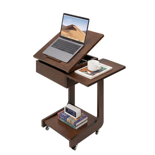 C - Shaped End Table, Rolling With 360° Adjustable & Foldable Desktop, Couch Table With Laptop Stand For Living Room - Walnut