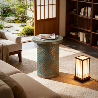Round Outdoor End Table With Tree Stump Design For Patio - Golden / Green / Peacock